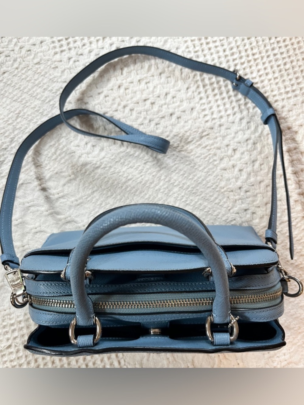 Coach Mini Lillie Carryall Bag in Light Blue Crossgrain Leather, Crossbody Strap - Picture 6 of 8